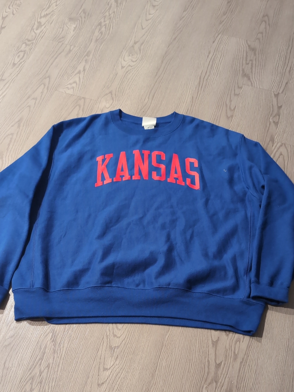 Champion Blue Crewneck Sweater with Red KANSAS Lettering